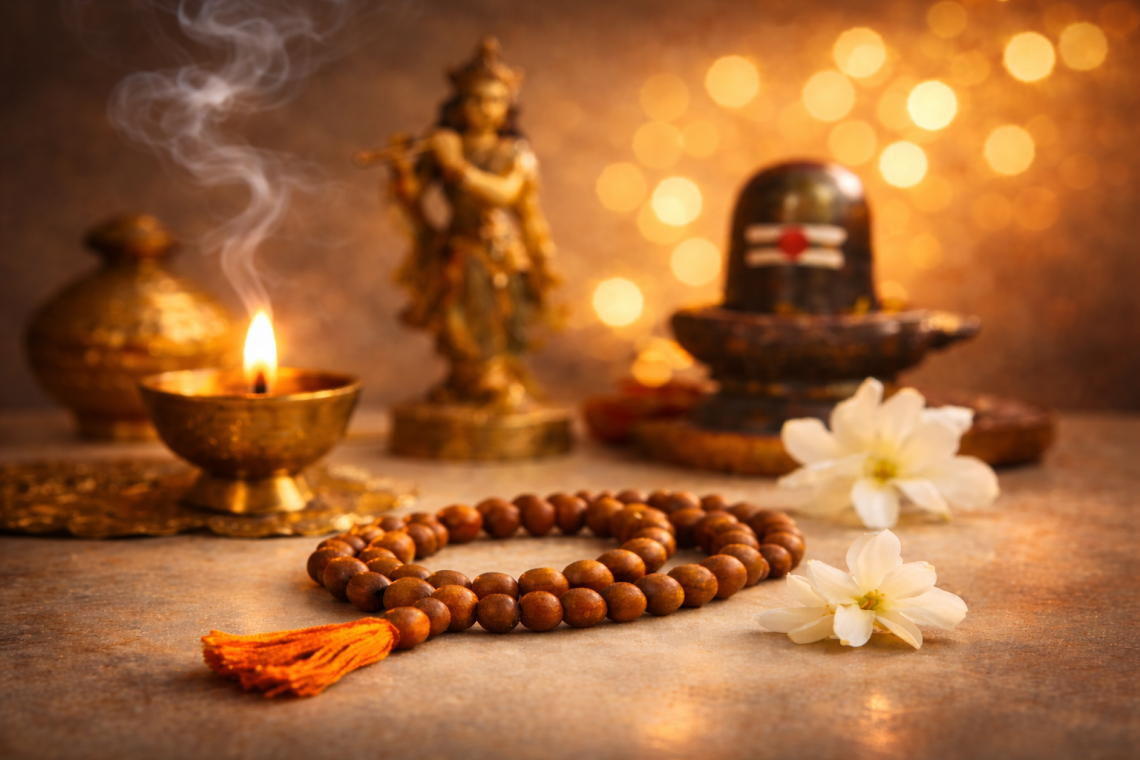 Spiritual still life with mala beads, diya, and soft golden light representing remembrance of God