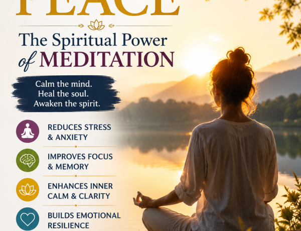 spiritual artwork showing a peaceful meditation scene at sunrise symbolizing awareness, inner stillness, mindfulness, consciousness, and the journey from mental restlessness to peace