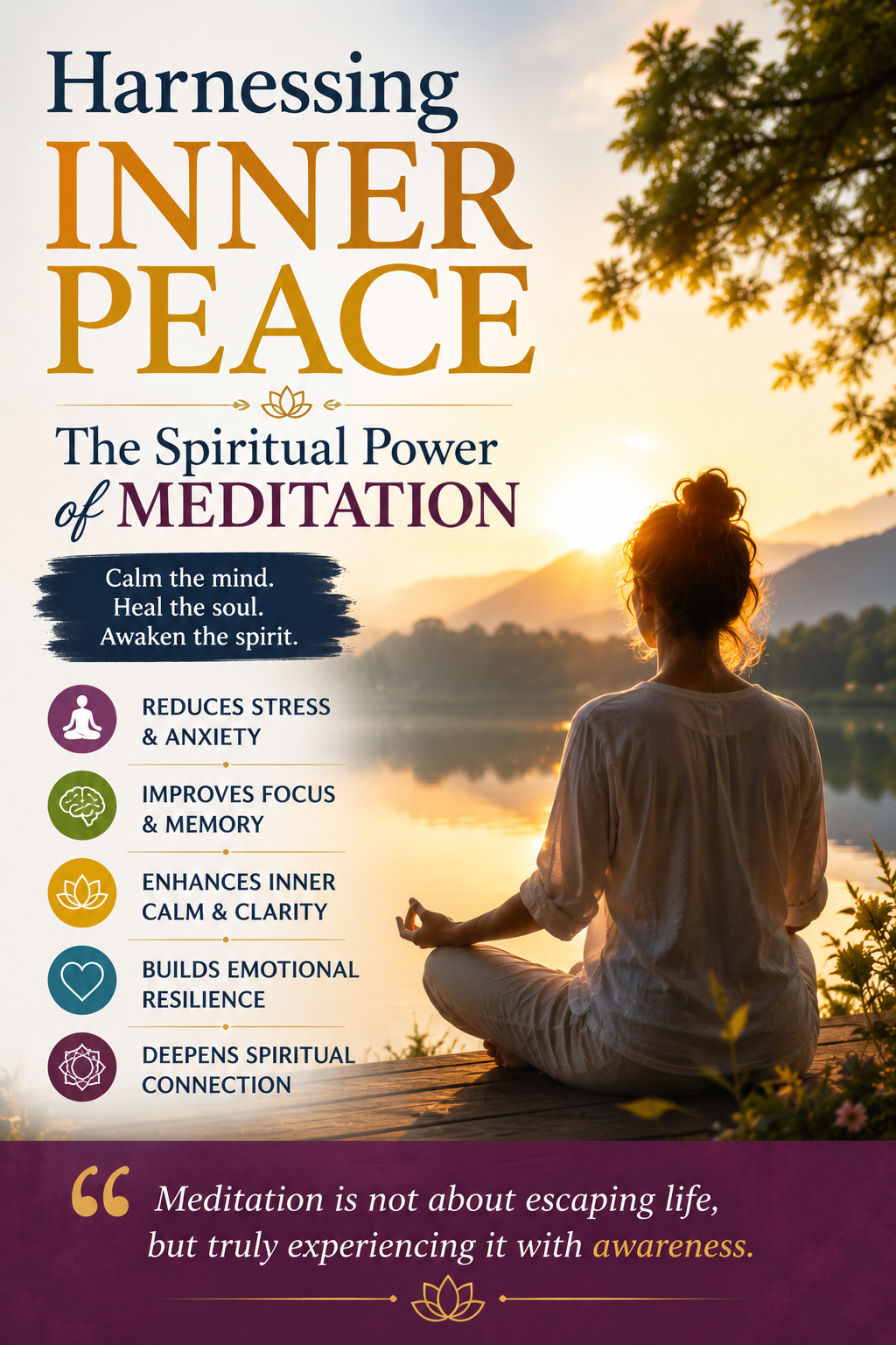 spiritual artwork showing a peaceful meditation scene at sunrise symbolizing awareness, inner stillness, mindfulness, consciousness, and the journey from mental restlessness to peace