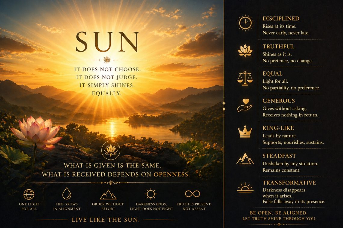 Golden sunrise over mountains symbolizing truth, balance, and equality, showing how the sun shines equally without preference