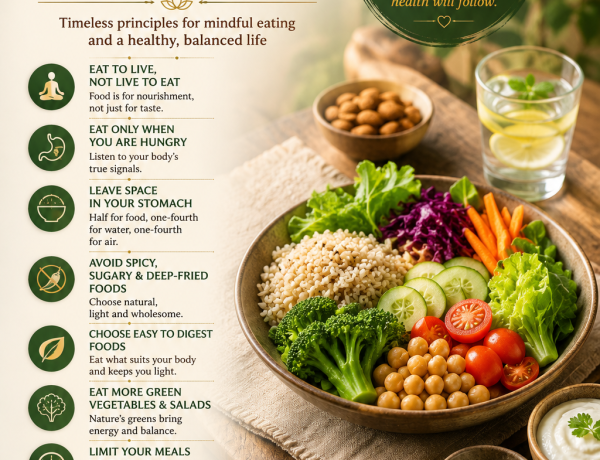 healthy food infographic poster featuring mindful eating principles, fresh vegetables, balanced meals, natural nutrition, digestion, wellness, and healthy lifestyle habits