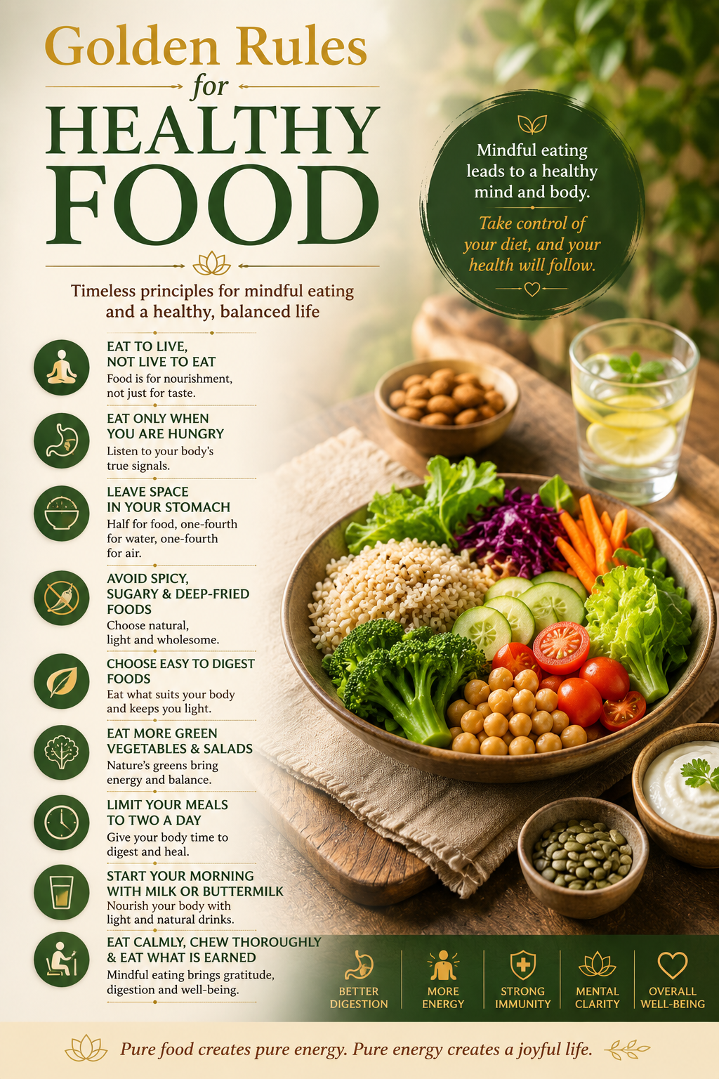 healthy food infographic poster featuring mindful eating principles, fresh vegetables, balanced meals, natural nutrition, digestion, wellness, and healthy lifestyle habits