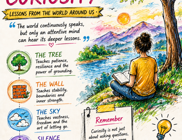 illustration featuring nature scenery, tree symbolism, calm earthy colors, peaceful awareness themes, elegant typography, and reflective atmosphere about curiosity and wisdom.