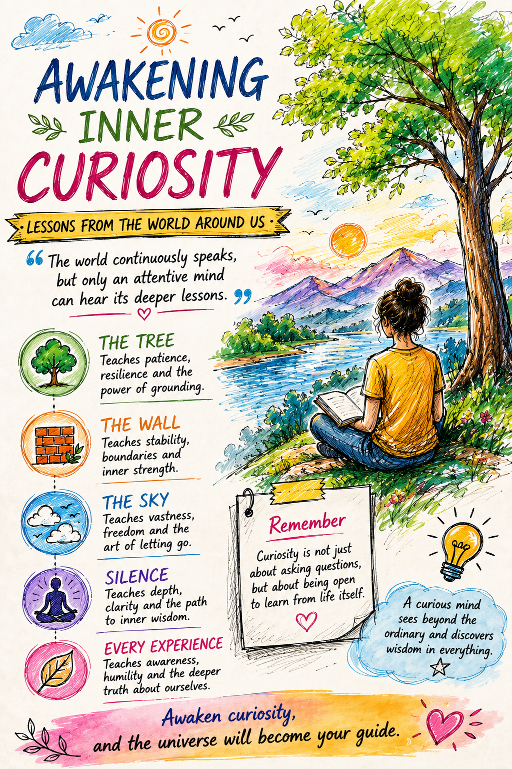 illustration featuring nature scenery, tree symbolism, calm earthy colors, peaceful awareness themes, elegant typography, and reflective atmosphere about curiosity and wisdom.