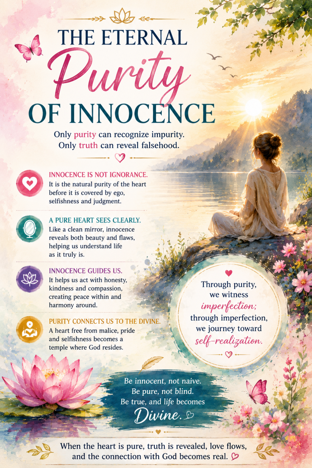 symbolizing innocence, purity, truth, and self-realization with lotus flowers, light, and peaceful natural elements.