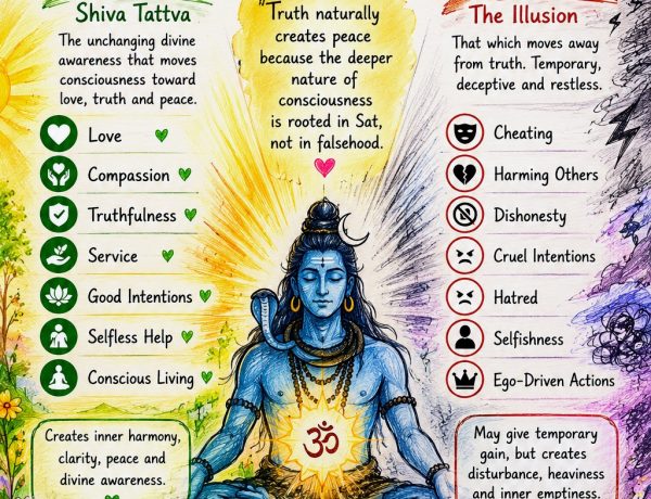Sat and Asat contrast with Shiva meditation artwork, spiritual symbolism, awareness themes, love, truth, illusion, and divine consciousness.