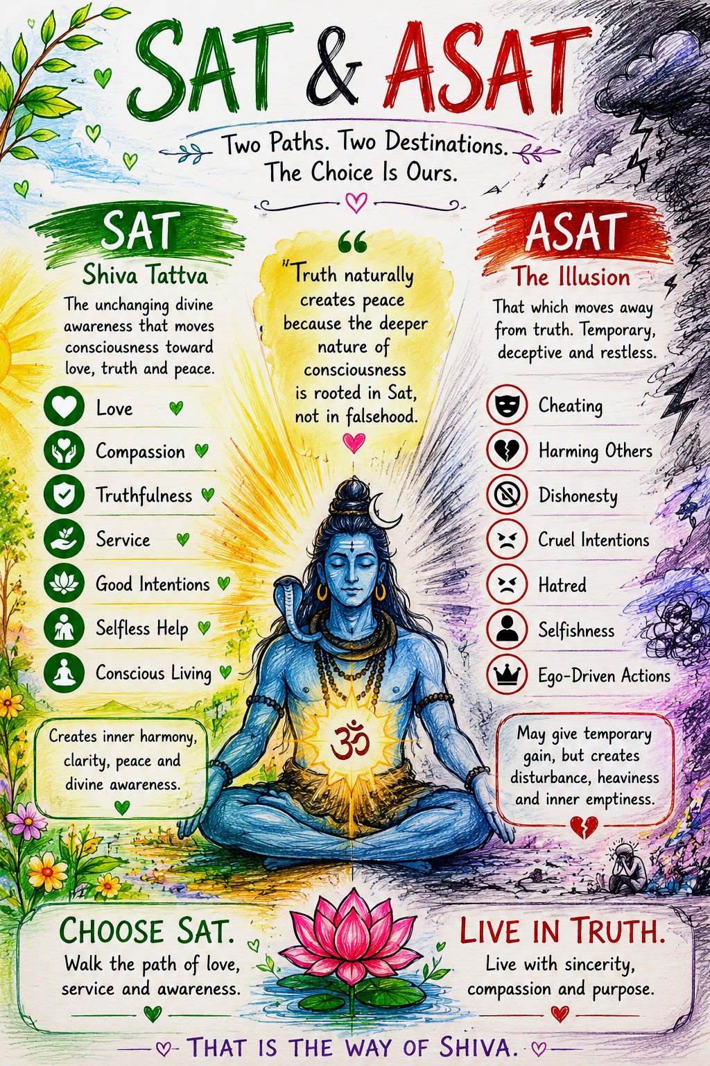 Sat and Asat contrast with Shiva meditation artwork, spiritual symbolism, awareness themes, love, truth, illusion, and divine consciousness.