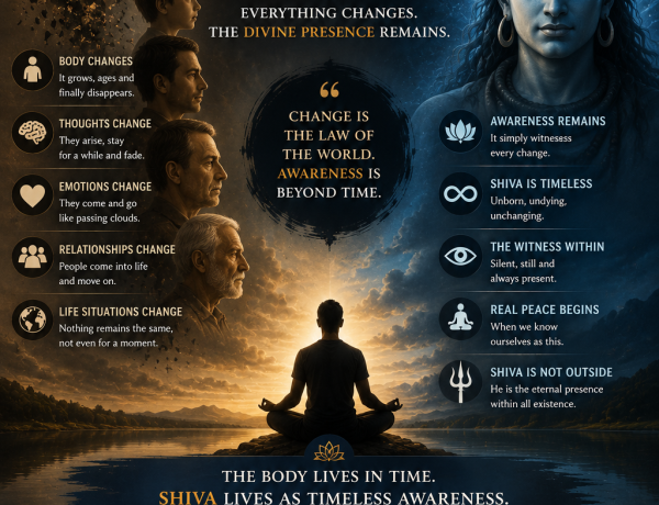 artwork showing Shiva as timeless awareness beyond changing life, symbolizing eternal consciousness, meditation, inner peace, and the silent divine presence beyond time