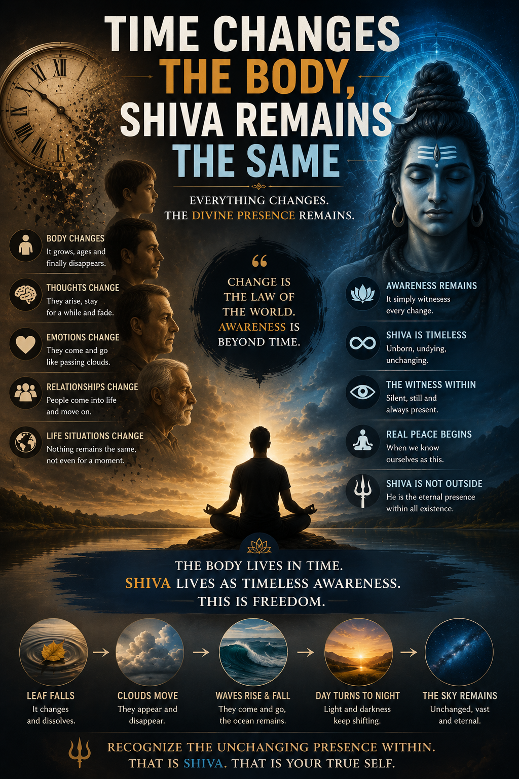 artwork showing Shiva as timeless awareness beyond changing life, symbolizing eternal consciousness, meditation, inner peace, and the silent divine presence beyond time