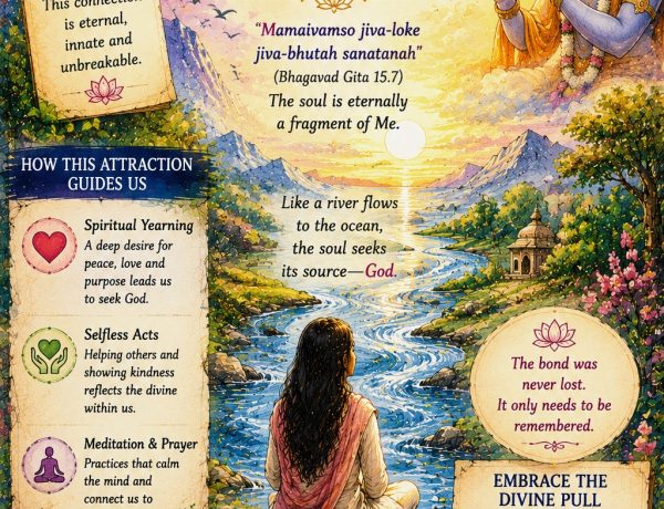 illustration showing a devotee beside a flowing river leading toward divine light, symbolizing the eternal connection between the soul and God, devotion, remembrance, and spiritual awakening.