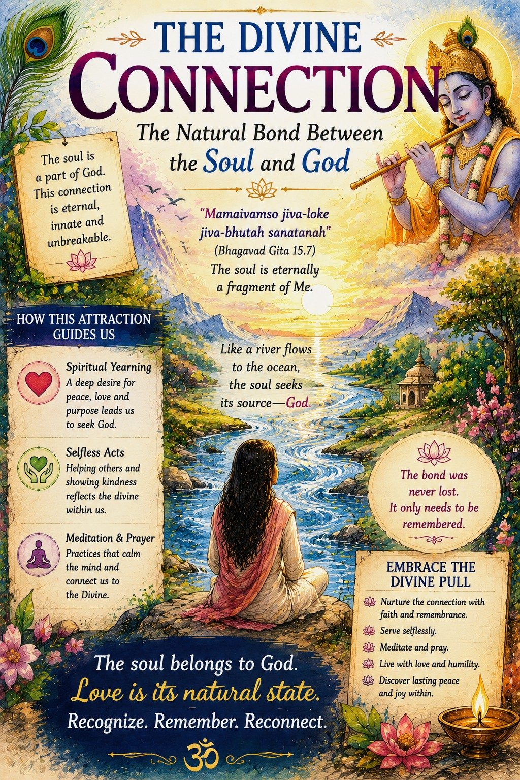 illustration showing a devotee beside a flowing river leading toward divine light, symbolizing the eternal connection between the soul and God, devotion, remembrance, and spiritual awakening.