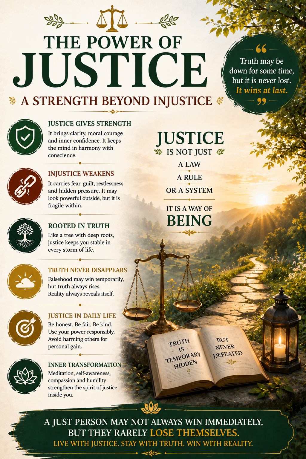 Image show Falsehood may appear powerful temporarily, but reality always returns to truth. Discover the deeper spiritual power of justice, conscience, and inner strength.