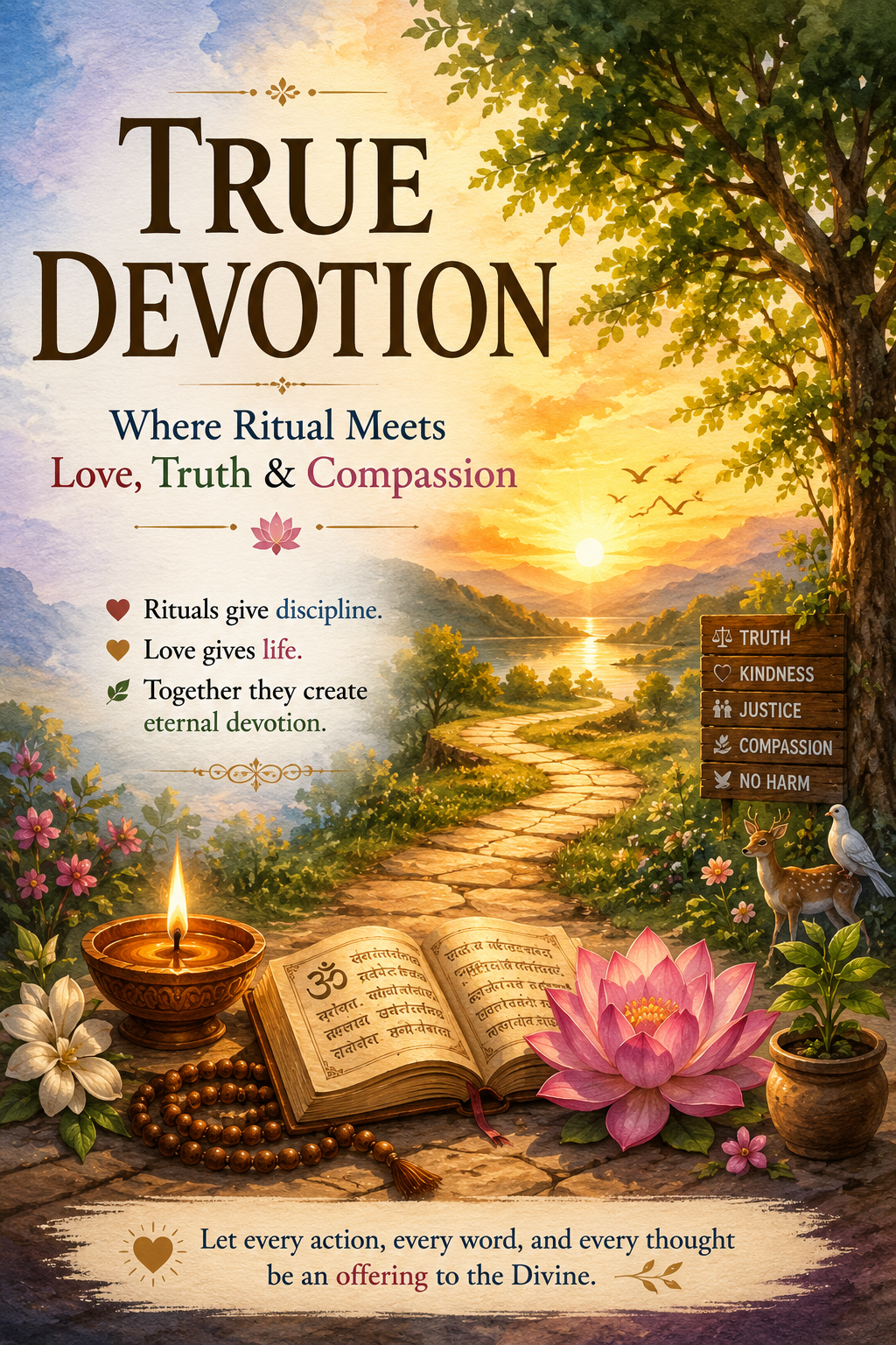 a glowing path, diya lamp, lotus flower, scripture, and divine light symbolizing true devotion, truth, compassion, and love for God.
