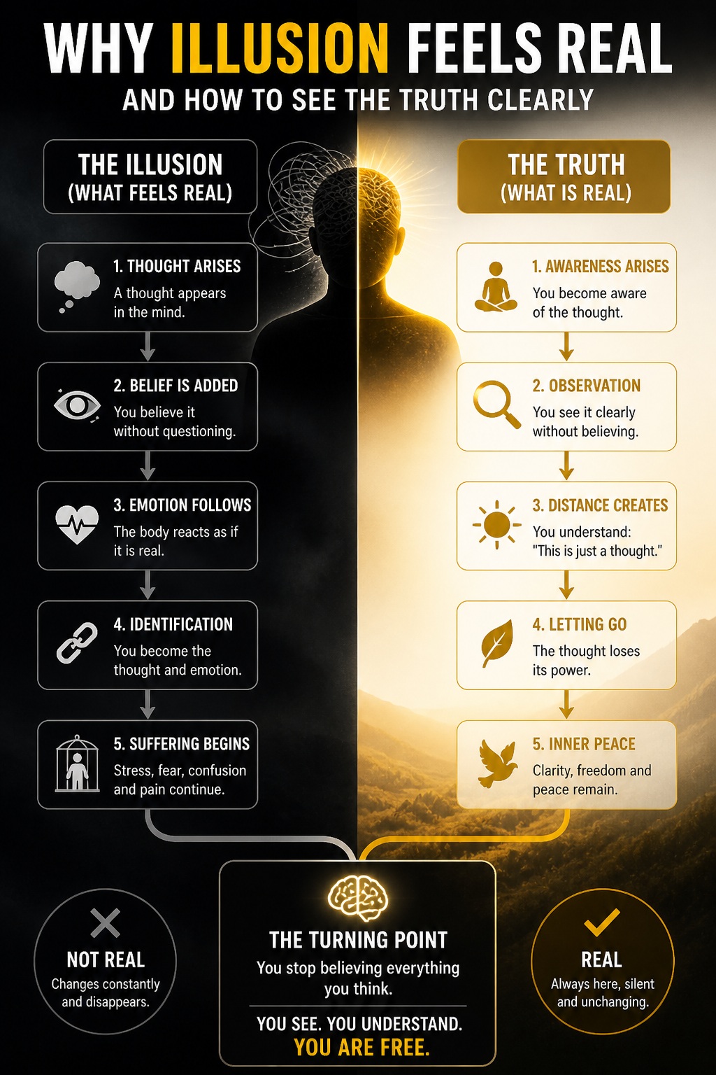 Illusion vs Truth diagram showing how belief creates illusion and awareness brings clarity and inner peace