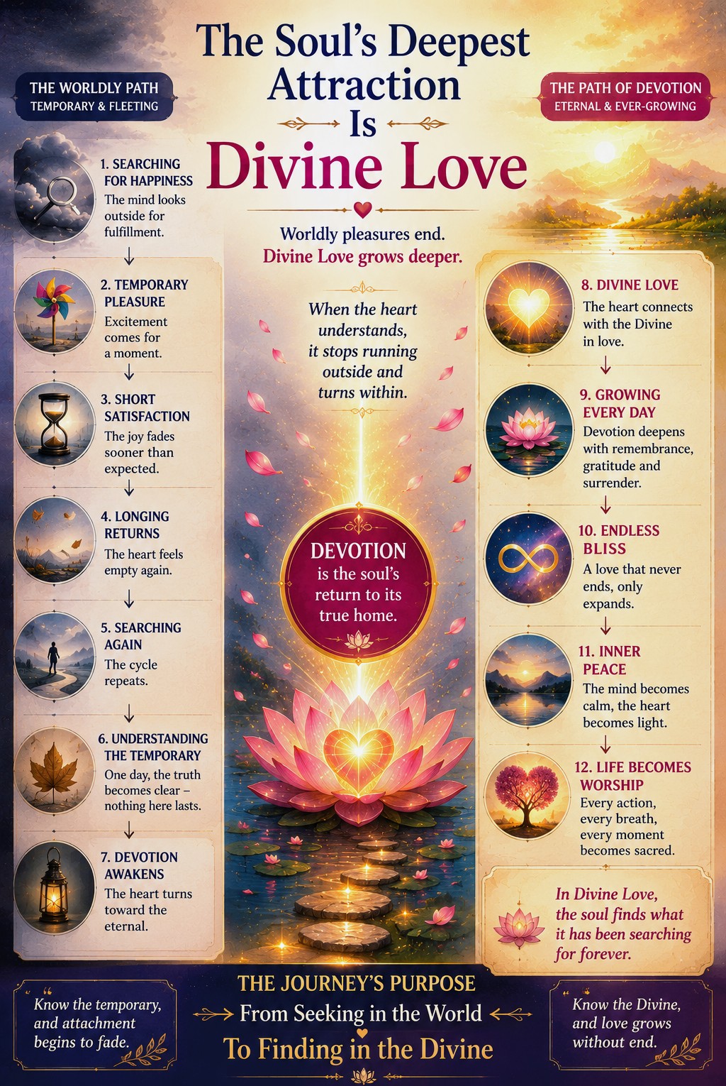 the journey from temporary pleasures to Divine Love, devotion, inner peace, and eternal fulfillment through lotus symbolism and sacred light.