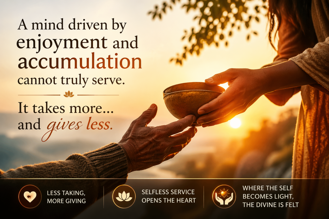 Two hands exchanging a bowl symbolizing selfless service, kindness, and the flow of giving connected to inner peace and divine presence