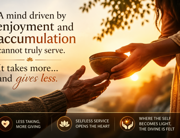 Two hands exchanging a bowl symbolizing selfless service, kindness, and the flow of giving connected to inner peace and divine presence