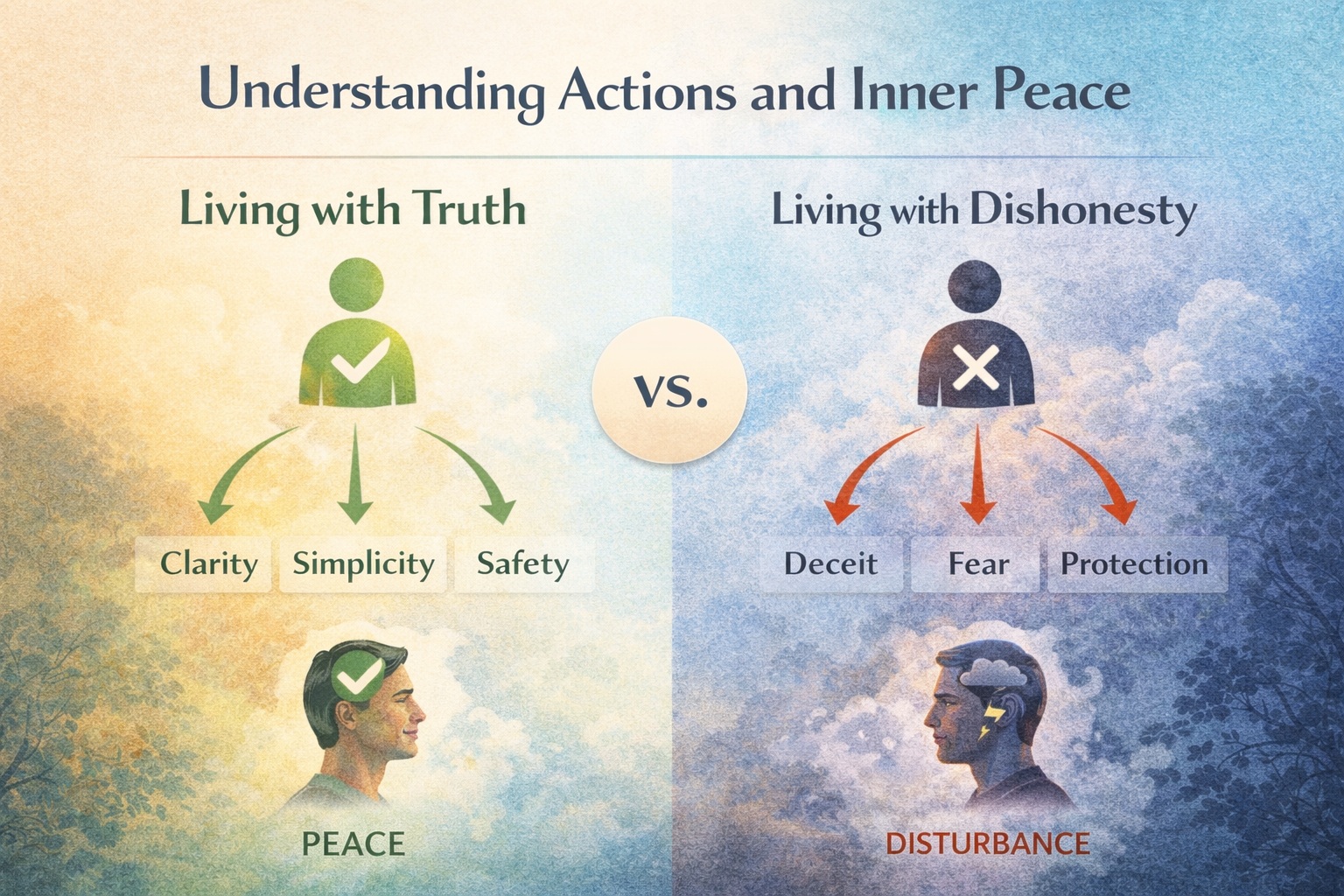 Diagram showing how living in truth brings peace while dishonesty leads to fear, complexity, and inner disturbance