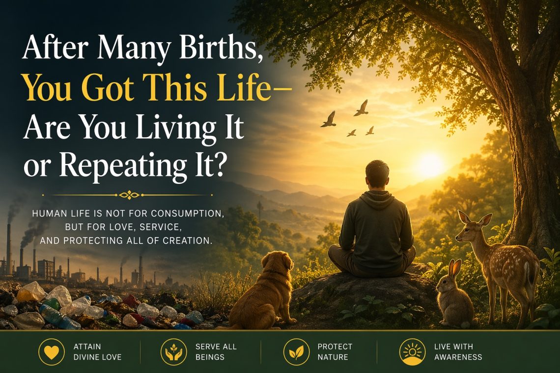 Human reflecting on life purpose in nature, symbolizing divine love, awareness, and responsibility toward all living beings