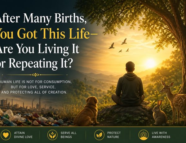 Human reflecting on life purpose in nature, symbolizing divine love, awareness, and responsibility toward all living beings