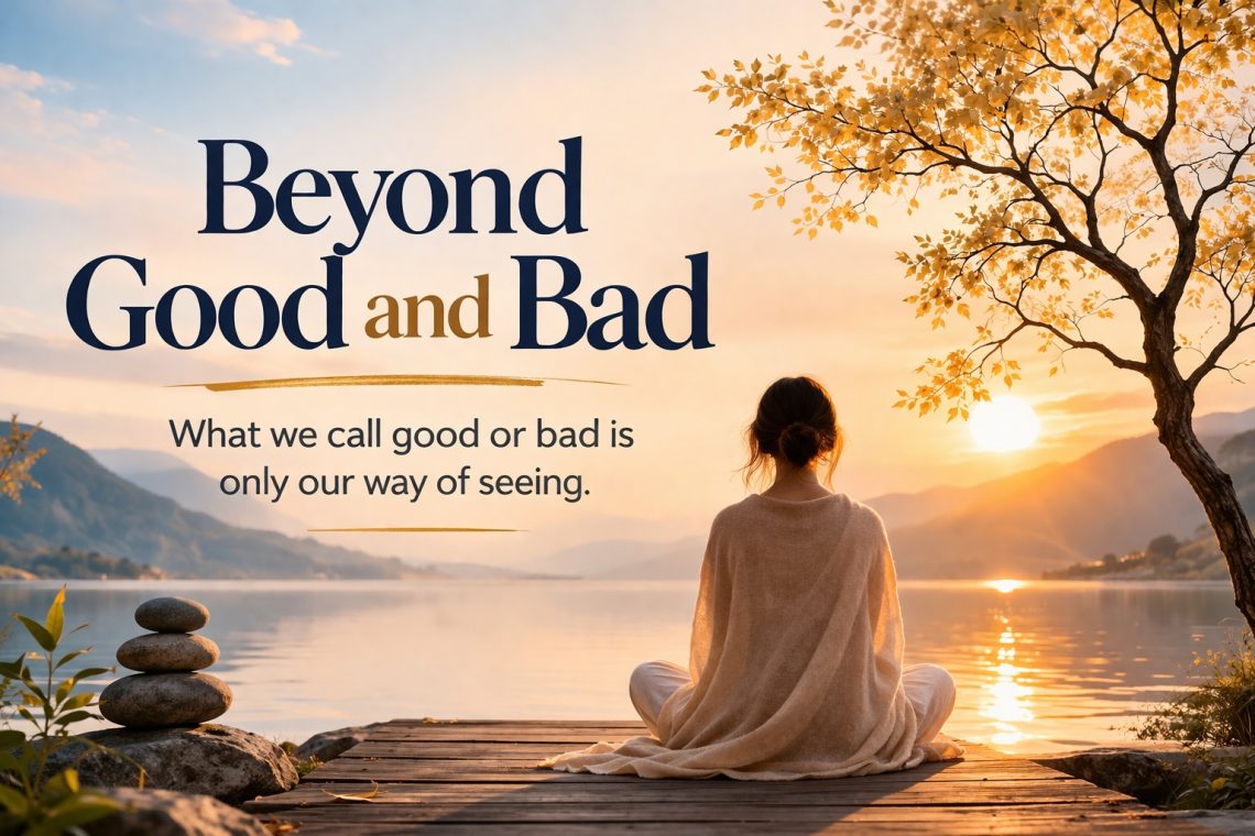 Person meditating by a calm lake at sunrise representing inner peace and seeing beyond good and bad