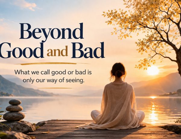 Person meditating by a calm lake at sunrise representing inner peace and seeing beyond good and bad