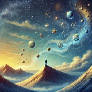 A serene and conceptual illustration symbolizing detachment from material and spiritual connection_ a figure standing on a mountain peak under a vast