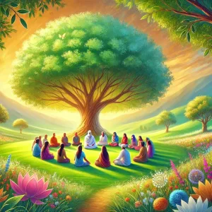 serene community gathering under a large, spreading tree, symbolizing satsang. The group is engaged in peaceful discussion and re