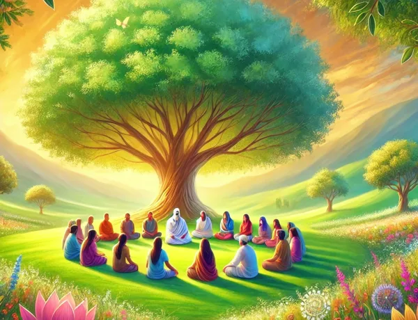 serene community gathering under a large, spreading tree, symbolizing satsang. The group is engaged in peaceful discussion and re