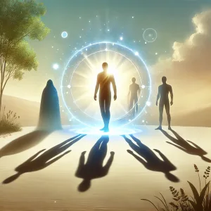 logical illustration showing a human figure standing in a serene, bright environment, with shadows or dark entities dissipating as th