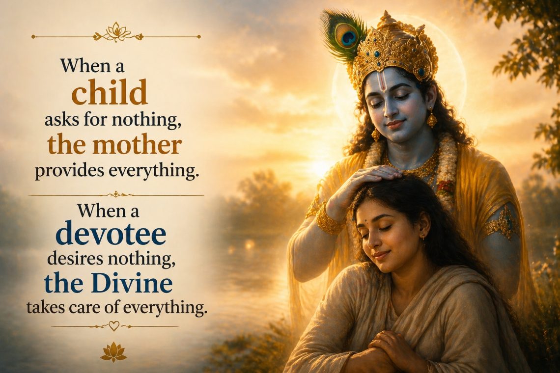 A peaceful devotee being blessed by a divine presence symbolizing trust, surrender, and how the Divine takes care when desires fade