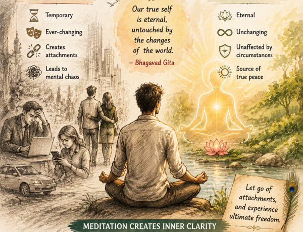 illustration featuring meditation, eternal self symbolism, Vedic philosophy, awareness, inner peace, lotus flowers, divine light, and consciousness awakening.