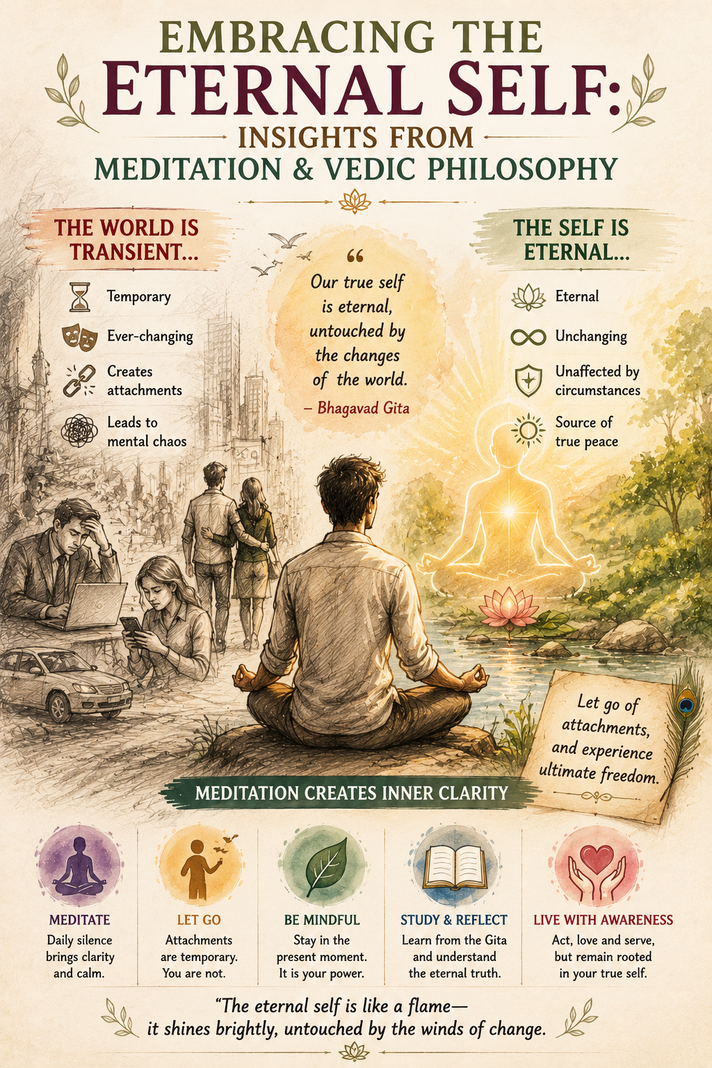 illustration featuring meditation, eternal self symbolism, Vedic philosophy, awareness, inner peace, lotus flowers, divine light, and consciousness awakening.
