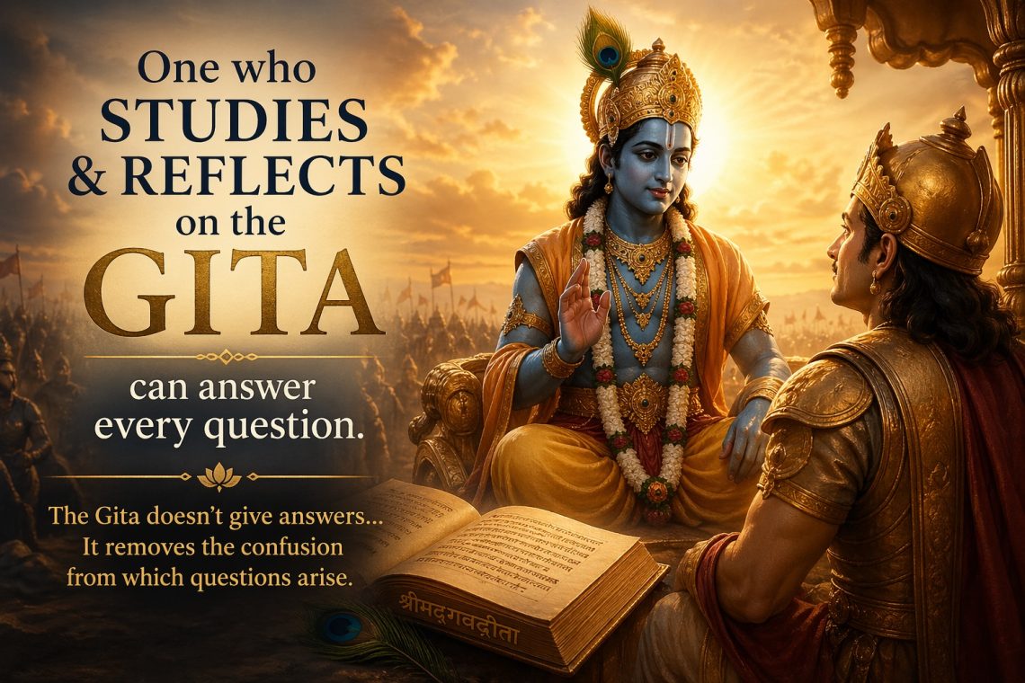Krishna guiding Arjuna on a chariot symbolizing divine wisdom, clarity, and the removal of confusion through the teachings of the Gita