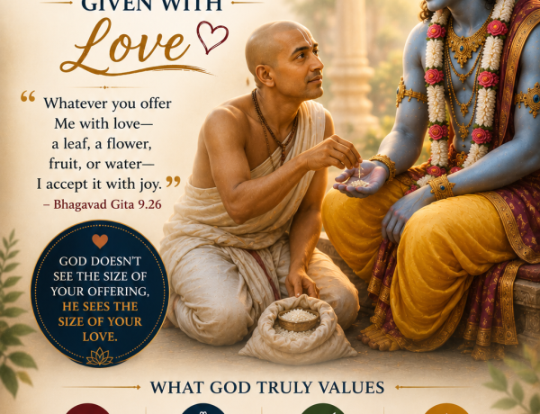 Lord Krishna lovingly accepting a grains of rice from Sudama