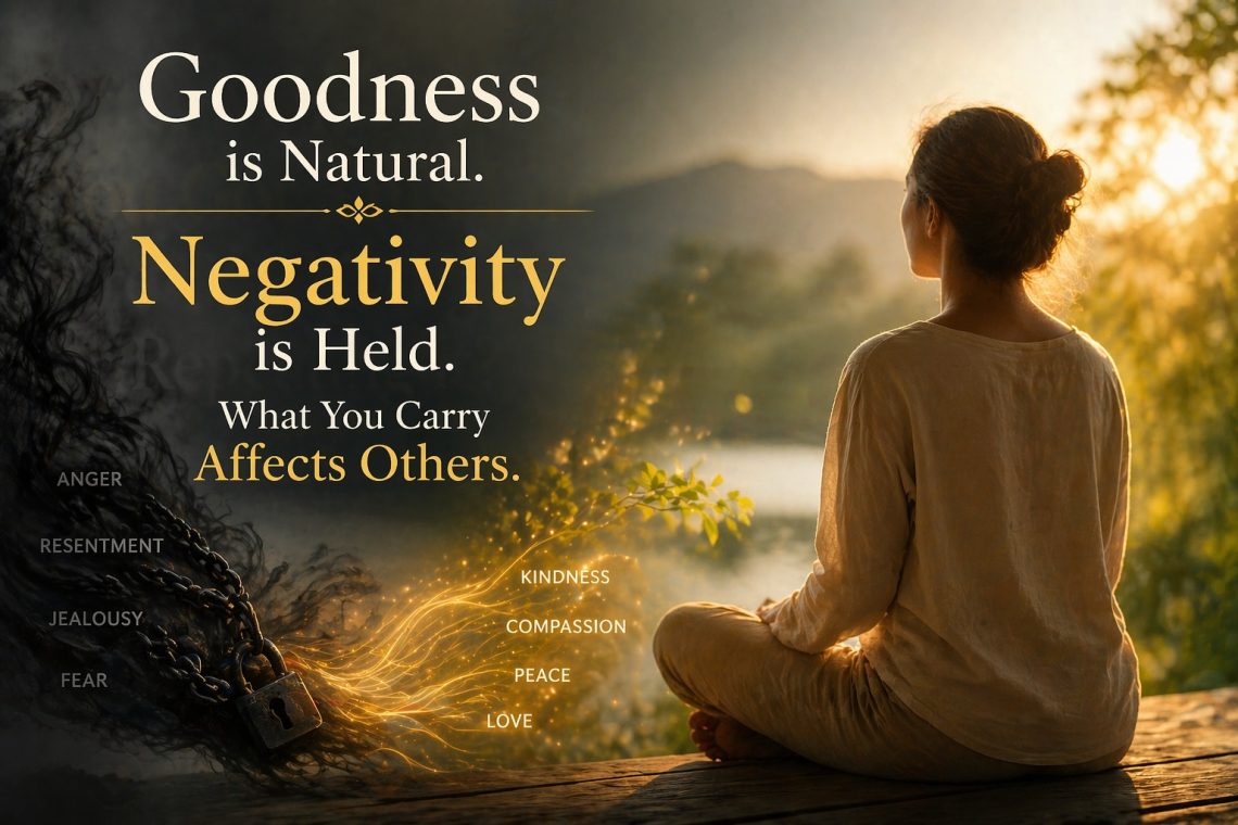 Person in calm state releasing negativity and experiencing natural inner peace and goodness