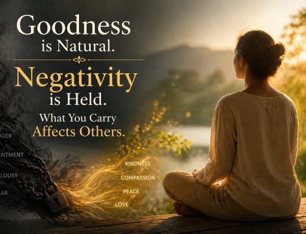 Person in calm state releasing negativity and experiencing natural inner peace and goodness