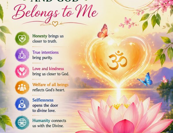Illustration of lotus flowers, divine light, and inspirational text about the eternal connection between the soul and God.