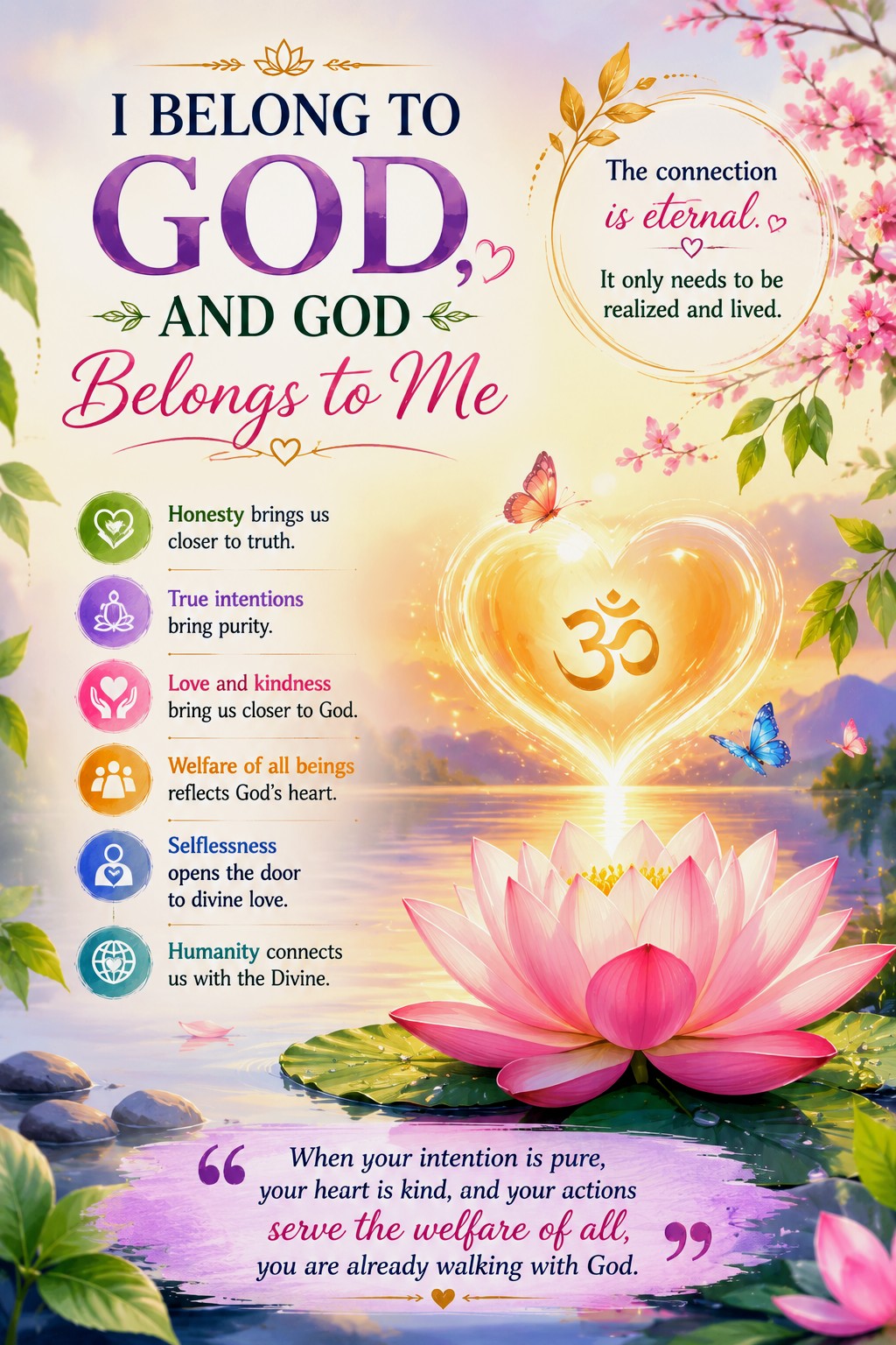 Illustration of lotus flowers, divine light, and inspirational text about the eternal connection between the soul and God.
