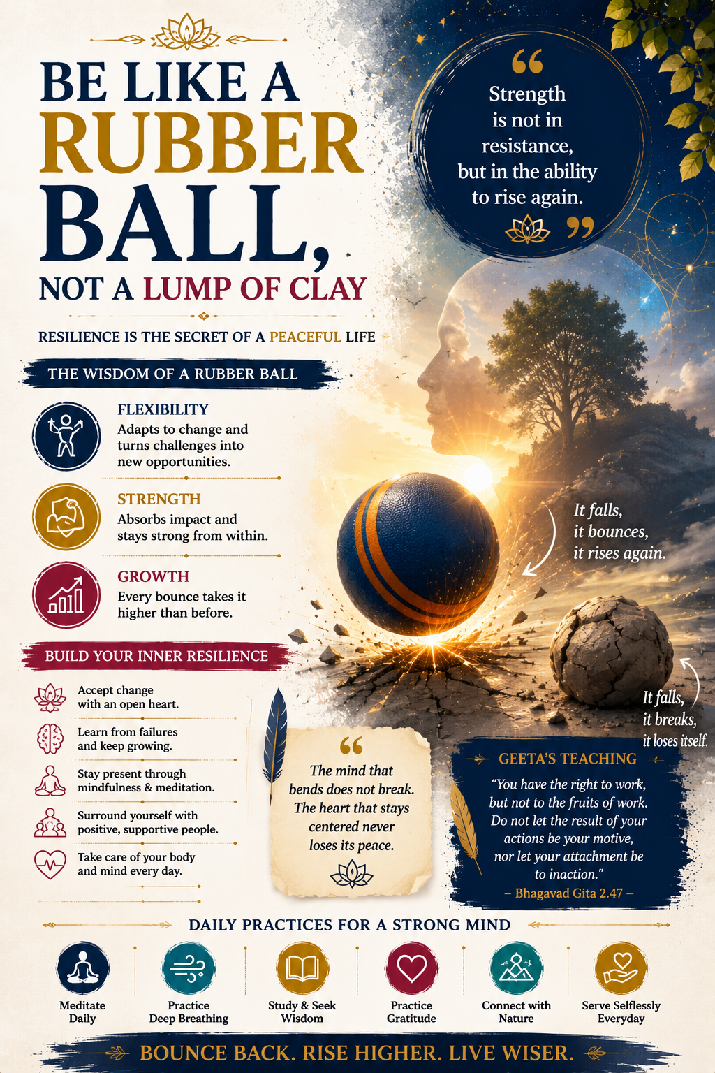 artistic resilience symbolism, modern cosmic textures, bouncing ball imagery, abstract emotional healing visuals, and elegant typography focused on flexibility, awareness, and inner strength.