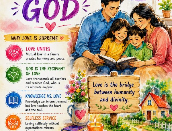 illustration featuring a peaceful loving family, warm home atmosphere, floral artwork, spiritual symbols, and themes of divine love, harmony, kindness, and devotion.