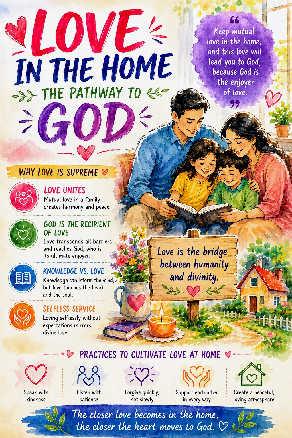 illustration featuring a peaceful loving family, warm home atmosphere, floral artwork, spiritual symbols, and themes of divine love, harmony, kindness, and devotion.
