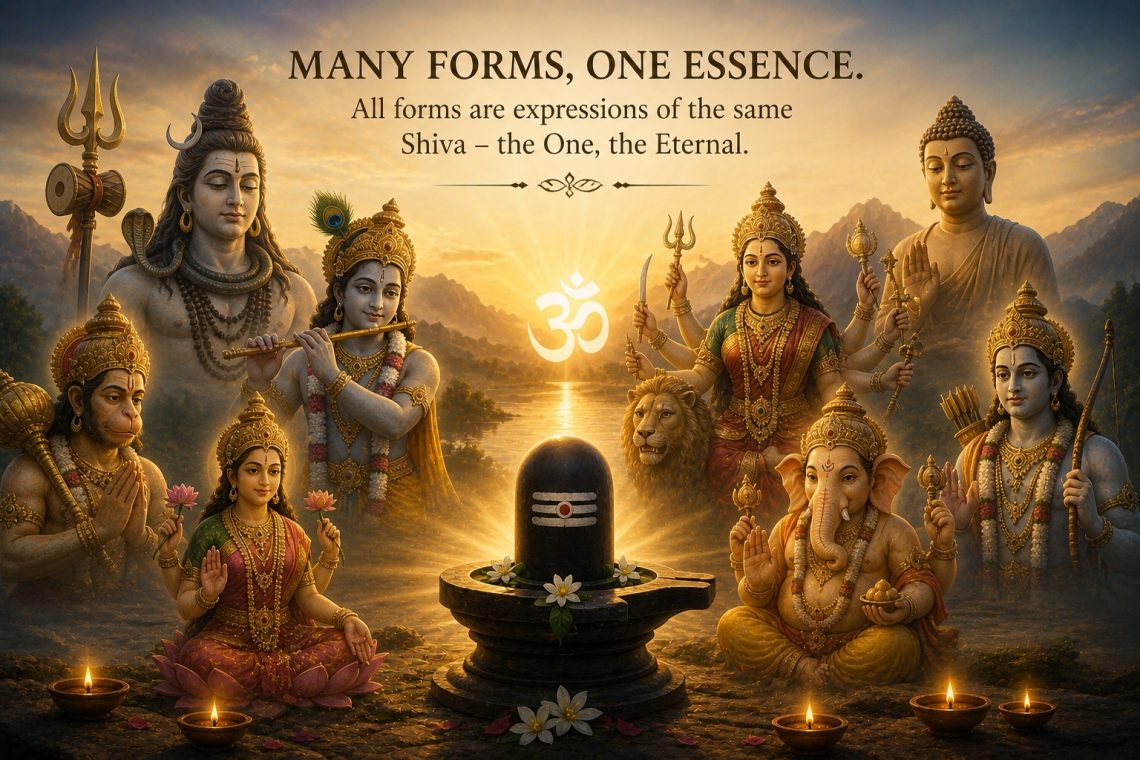Multiple divine forms surrounding a central Shiva symbol representing unity of all forms of God
