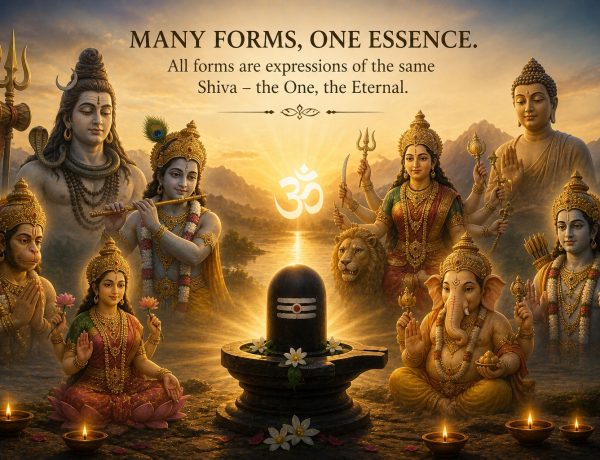 Multiple divine forms surrounding a central Shiva symbol representing unity of all forms of God