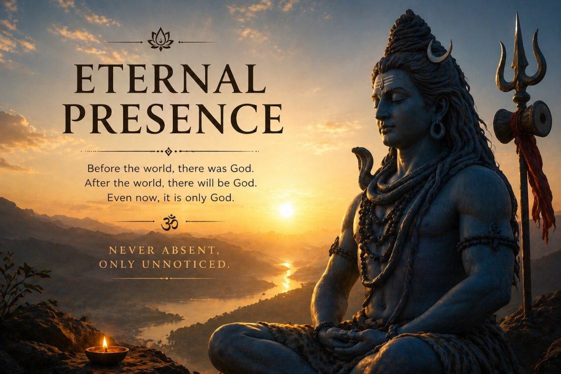 Meditating Shiva at sunrise representing eternal presence, stillness, and awareness beyond time