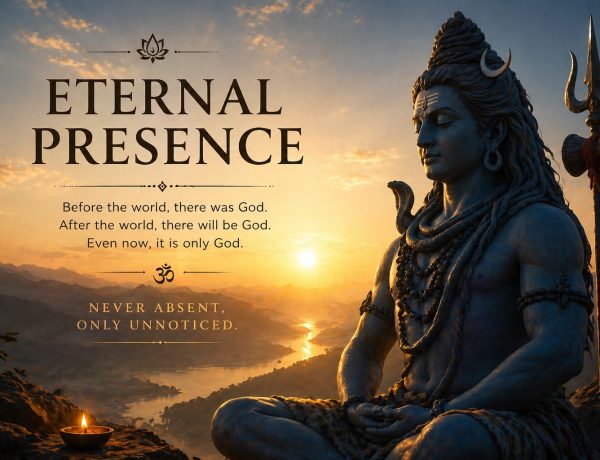 Meditating Shiva at sunrise representing eternal presence, stillness, and awareness beyond time