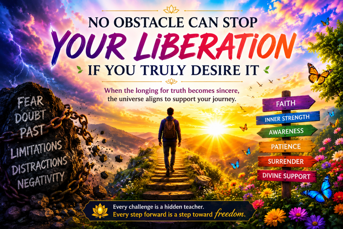 spiritual artwork showing a person walking toward sunrise light symbolizing liberation, awareness, inner freedom, and overcoming obstacles on the spiritual journey