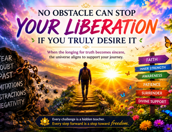 spiritual artwork showing a person walking toward sunrise light symbolizing liberation, awareness, inner freedom, and overcoming obstacles on the spiritual journey