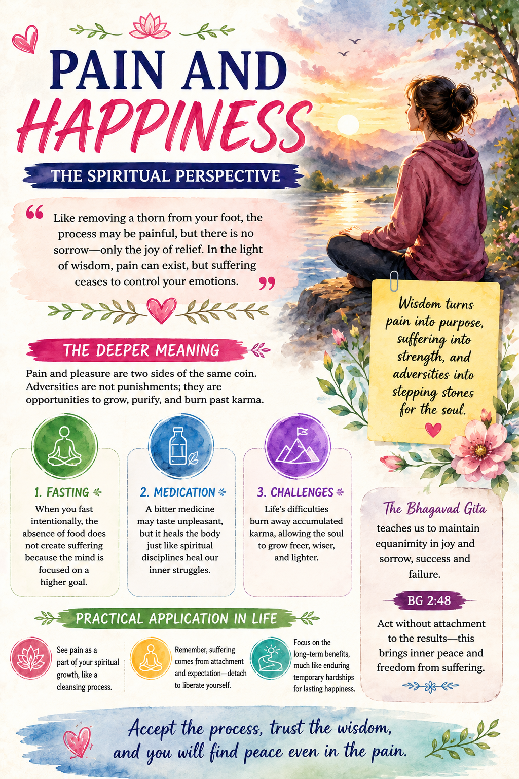 illustration featuring peaceful nature scenery, reflective atmosphere, soft artistic elements, meditation symbolism, and themes of pain, healing, wisdom, growth, and inner peace.