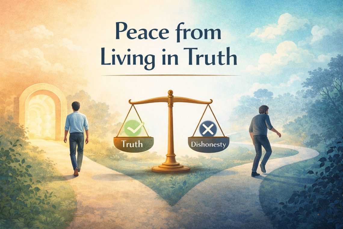 Person walking toward light symbolizing truth and peace, contrasted with darker path representing dishonesty and inner disturbance